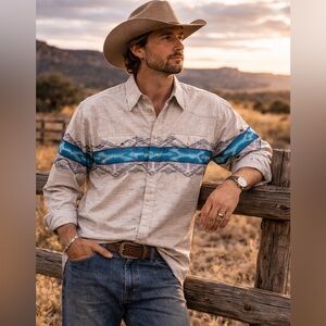 Roper Western Shirt Large Pearl Snap Southwestern Aztec Turquoise Cotton